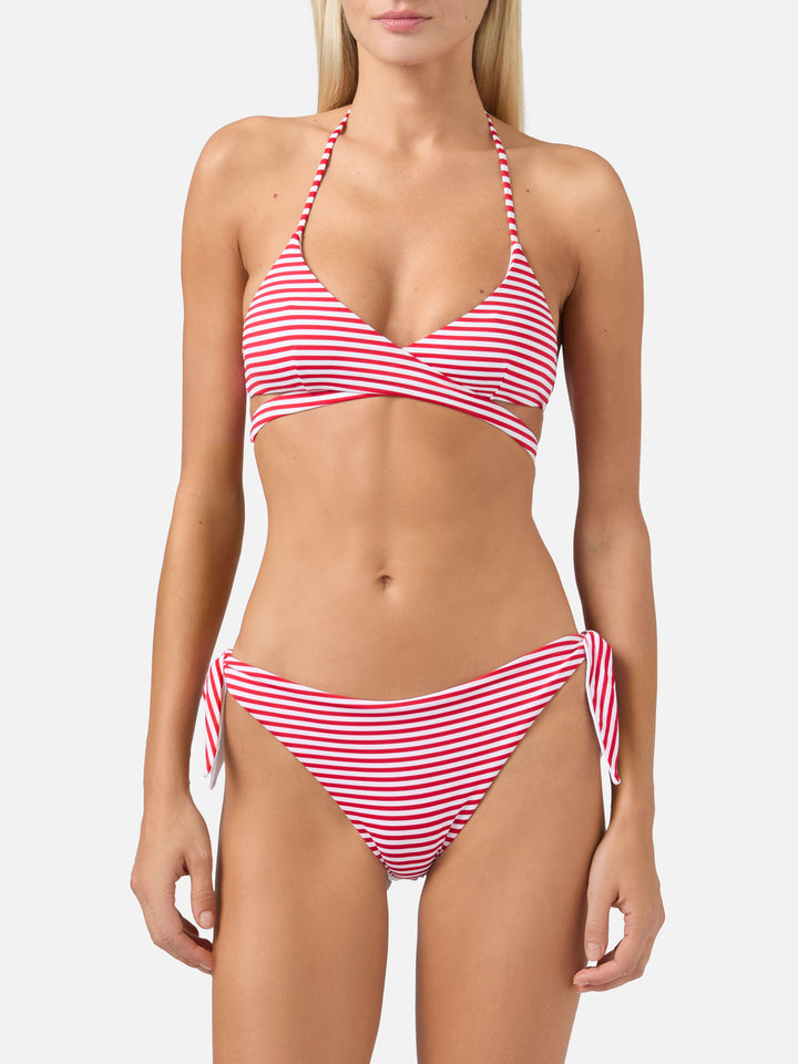 Bikini a triangolo avvolgente Layne Yali con stampa a righe rosse