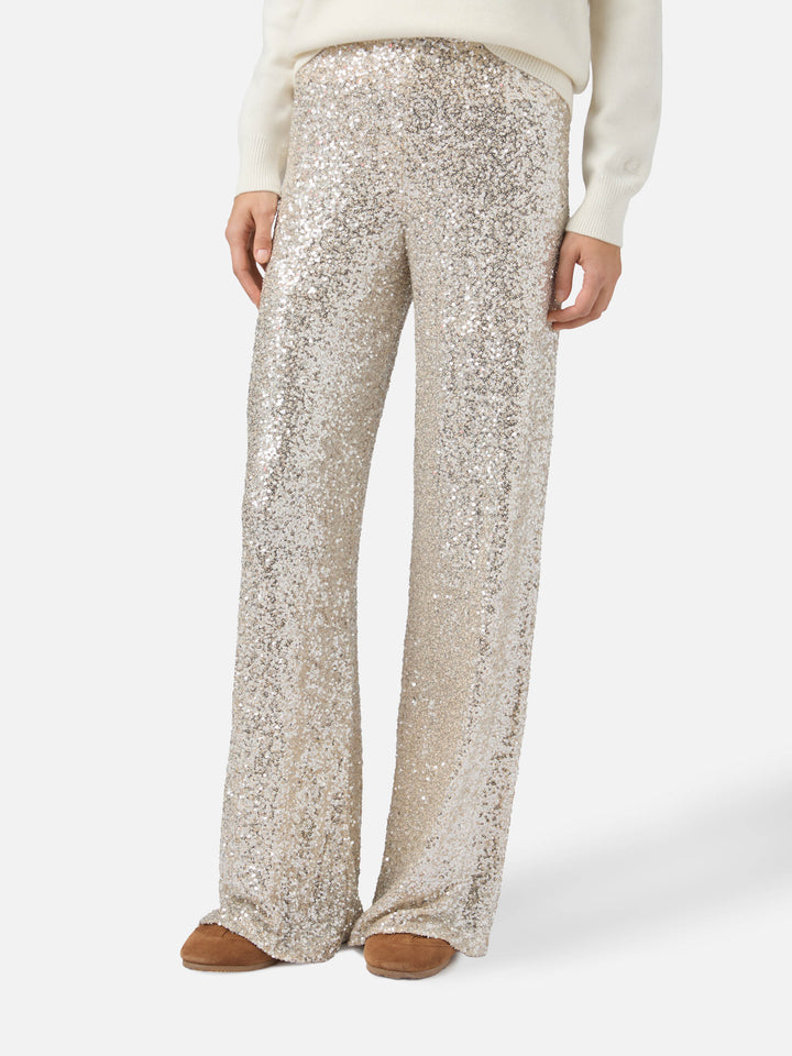 Pantaloni dritti Lucette in tessuto paillettes oro