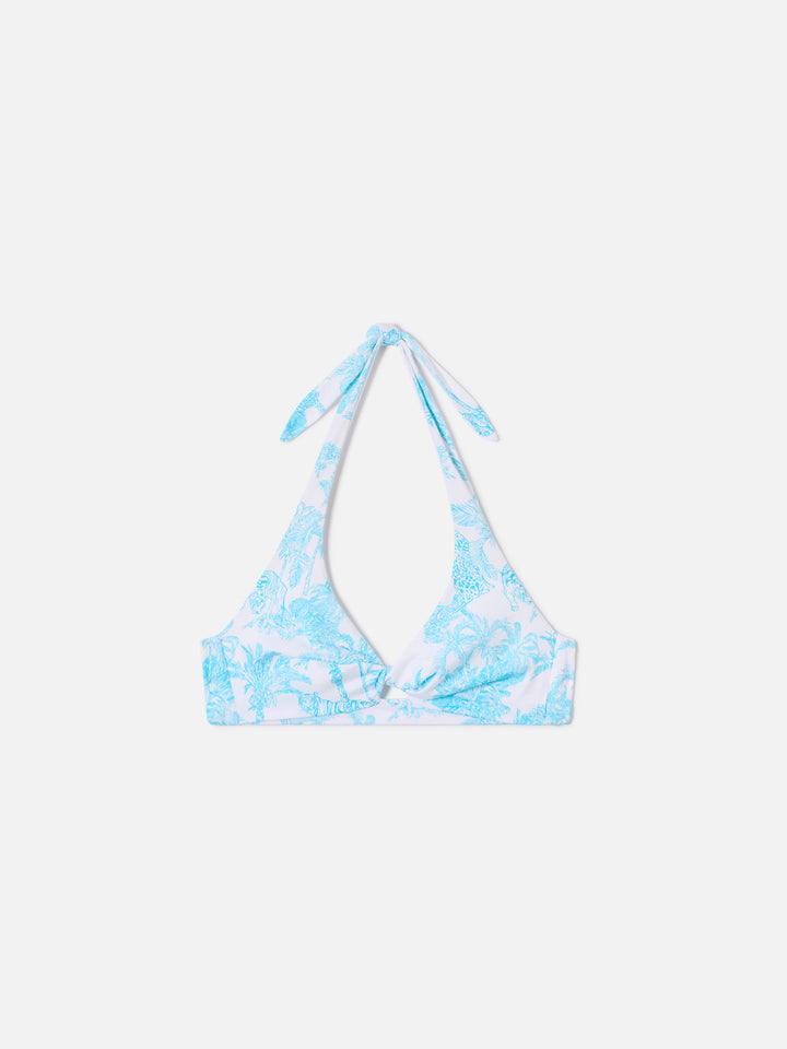 Leda bralette bikini top with toile de Jouy print and cut-out detail