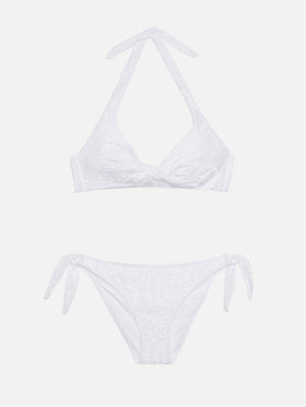 Leda Yali triangle bralette bikini in black sangallo lace