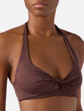 Bikini Leda Yali in tessuto sangallo marrone