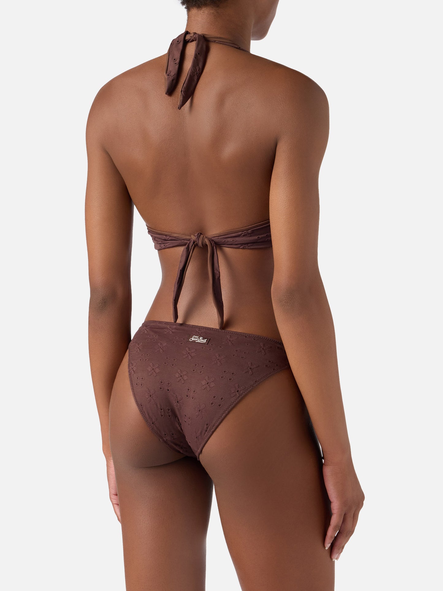 Bikini Leda Yali in tessuto sangallo marrone