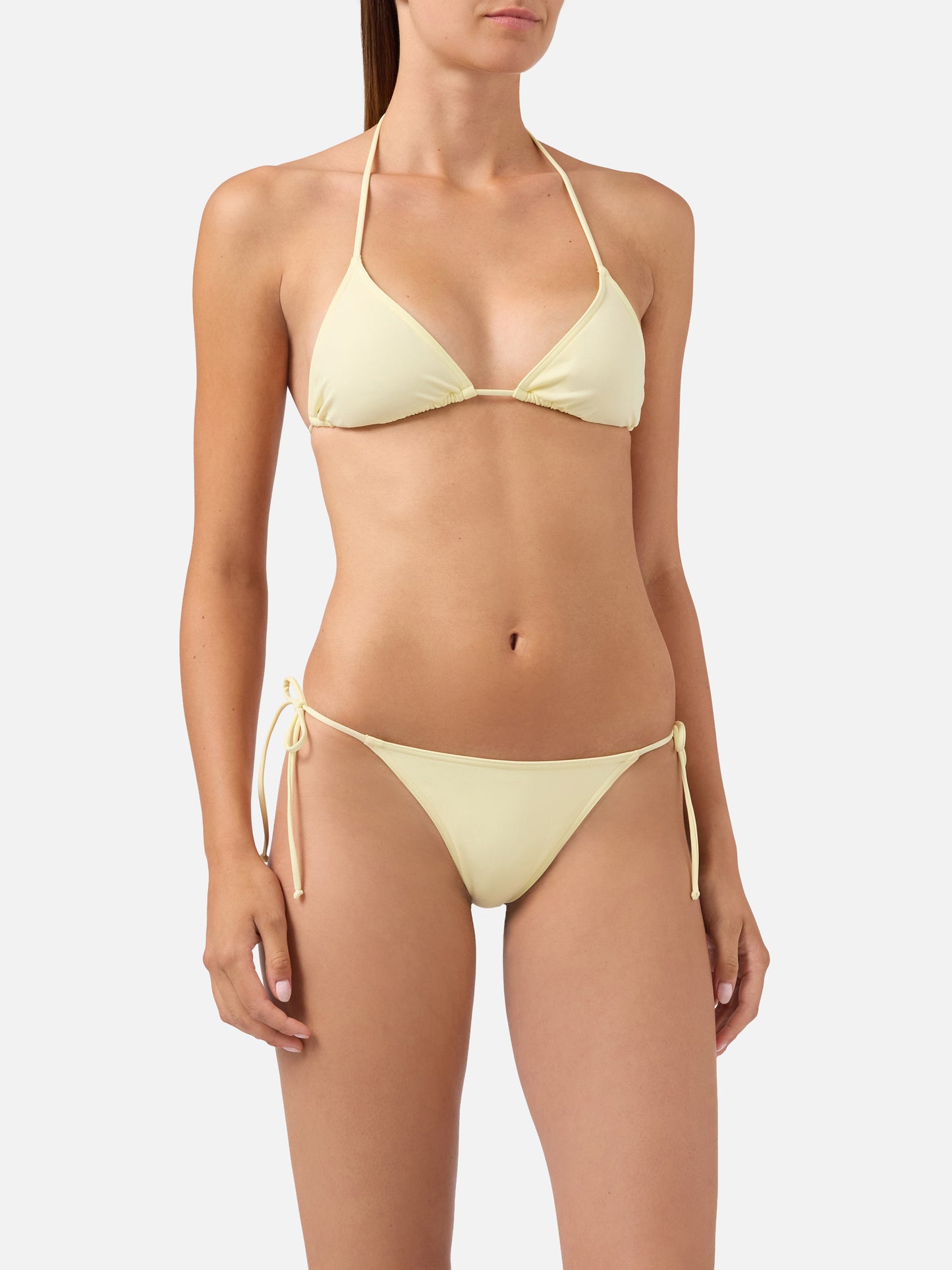 Leah Marielle butter yellow triangle bikini with ties