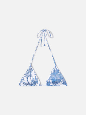 Leah triangle bikini top with light blue toile de Jouy print