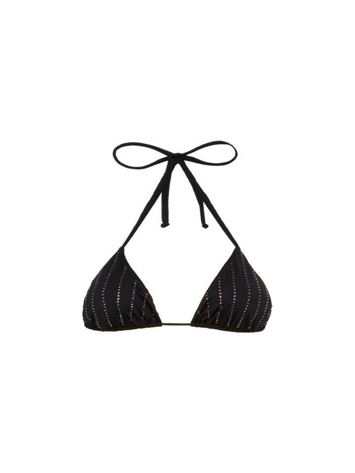 Schwarzes Triangel-Top „Leah“ mit gestreifter Strassverzierung
