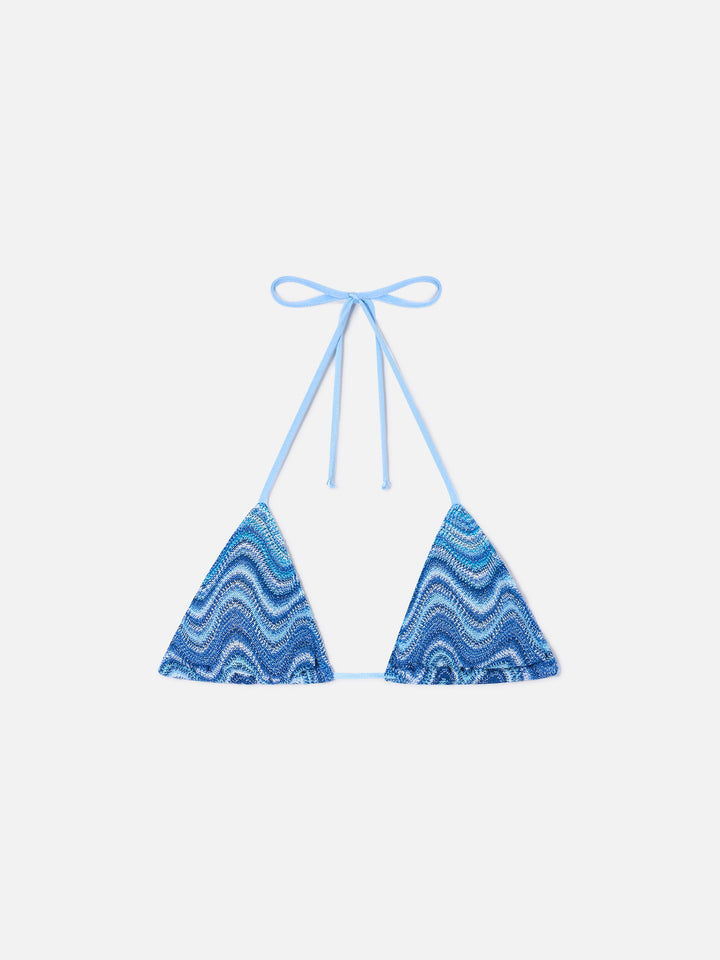 Top bikini Leah triangolo in tessuto raschel a onda azzurro