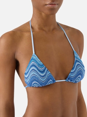 Top bikini Leah triangolo in tessuto raschel a onda azzurro