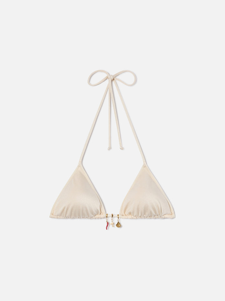 Leah triangle bikini top in glossy finish fabric with charms