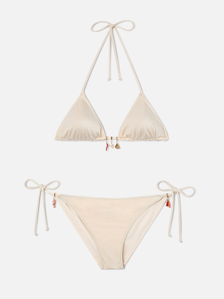 Bikini Leah Virgo beige con acabado brillante y charms 