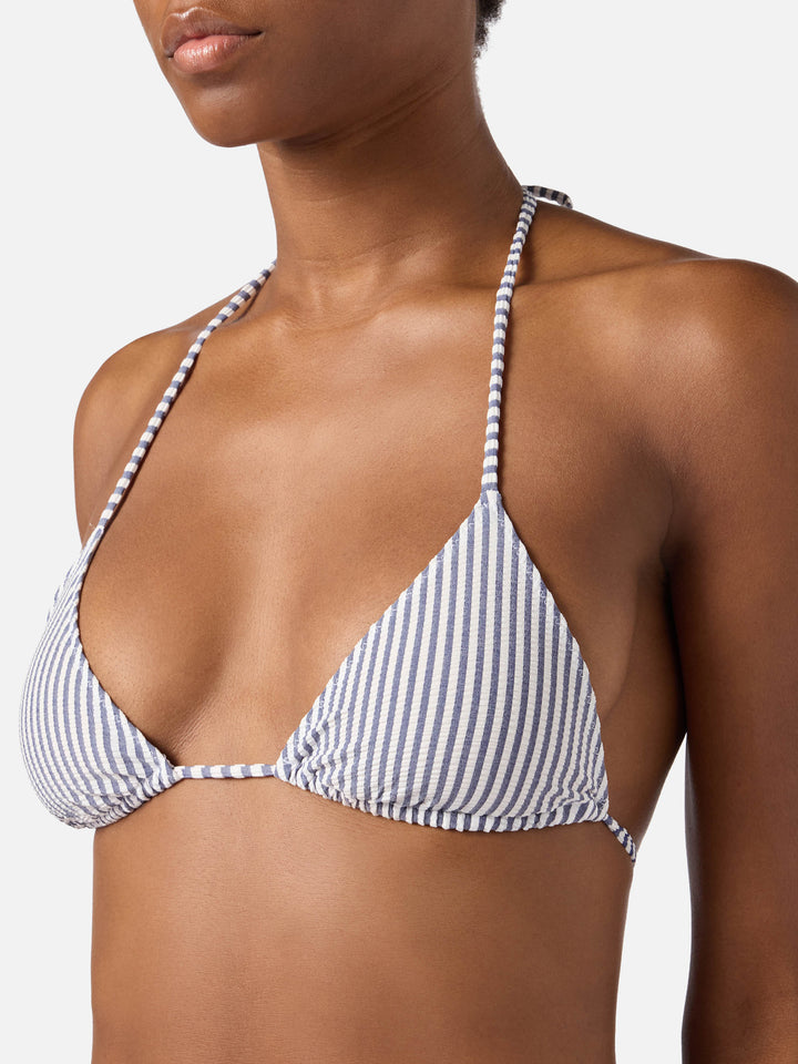 Top bikini Leah triangolo a righe in tessuto seersucker blu