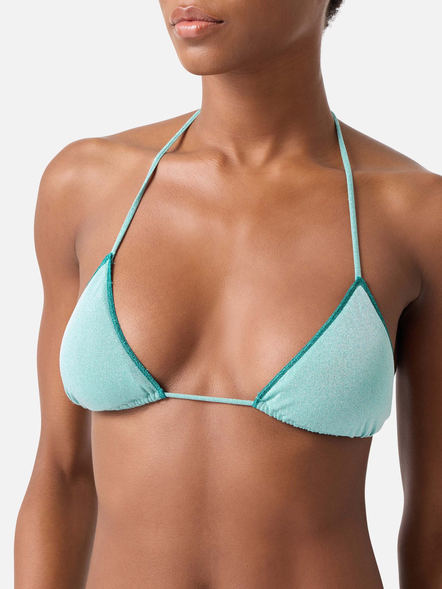 Bikini triangular Leah Naomi de lúrex verde agua 