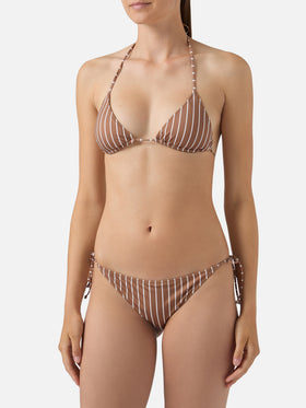 Bikini Leah Virgo a righe verticali beige e marrone