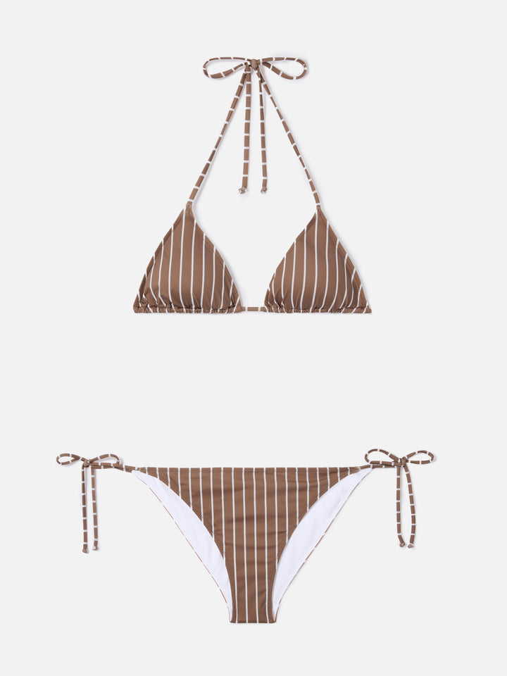Bikini Leah Virgo a righe verticali beige e marrone
