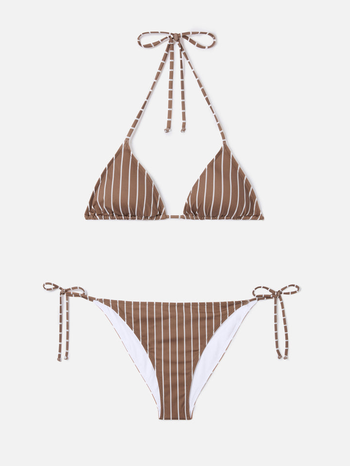 Bikini Leah Virgo a righe verticali beige e marrone