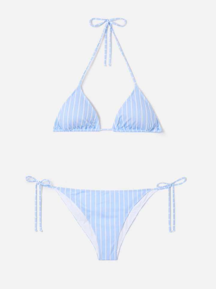 Leah Virgo light blue and white vertical striped bikini