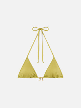 Top de bikini triangular Leah en tejido verde con acabado brillante y charms 
