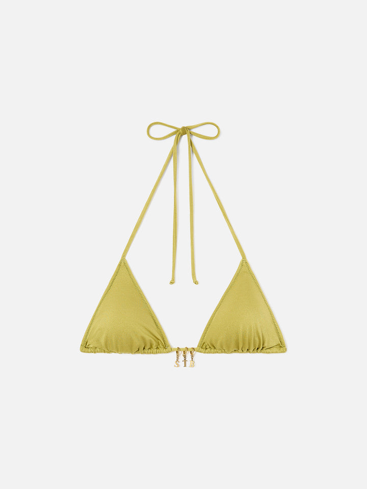 Leah triangle bikini top in green glossy finish fabric with charms