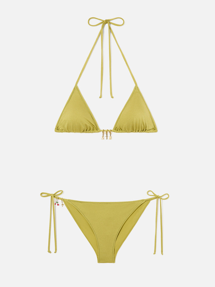 Bikini triangular Leah Virgo verde pistacho con acabado brillante y charms 