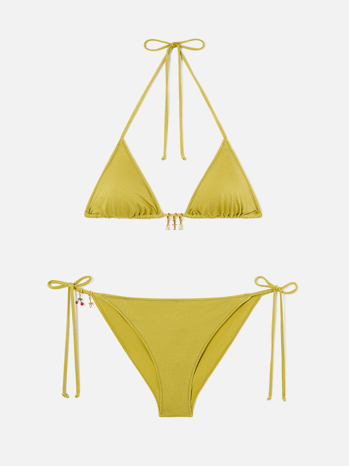 Leah Virgo pistachio green glossy finish triangle bikini with charms