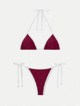 Bikini burdeos Leah Virgo String con ribetes blancos en contraste 