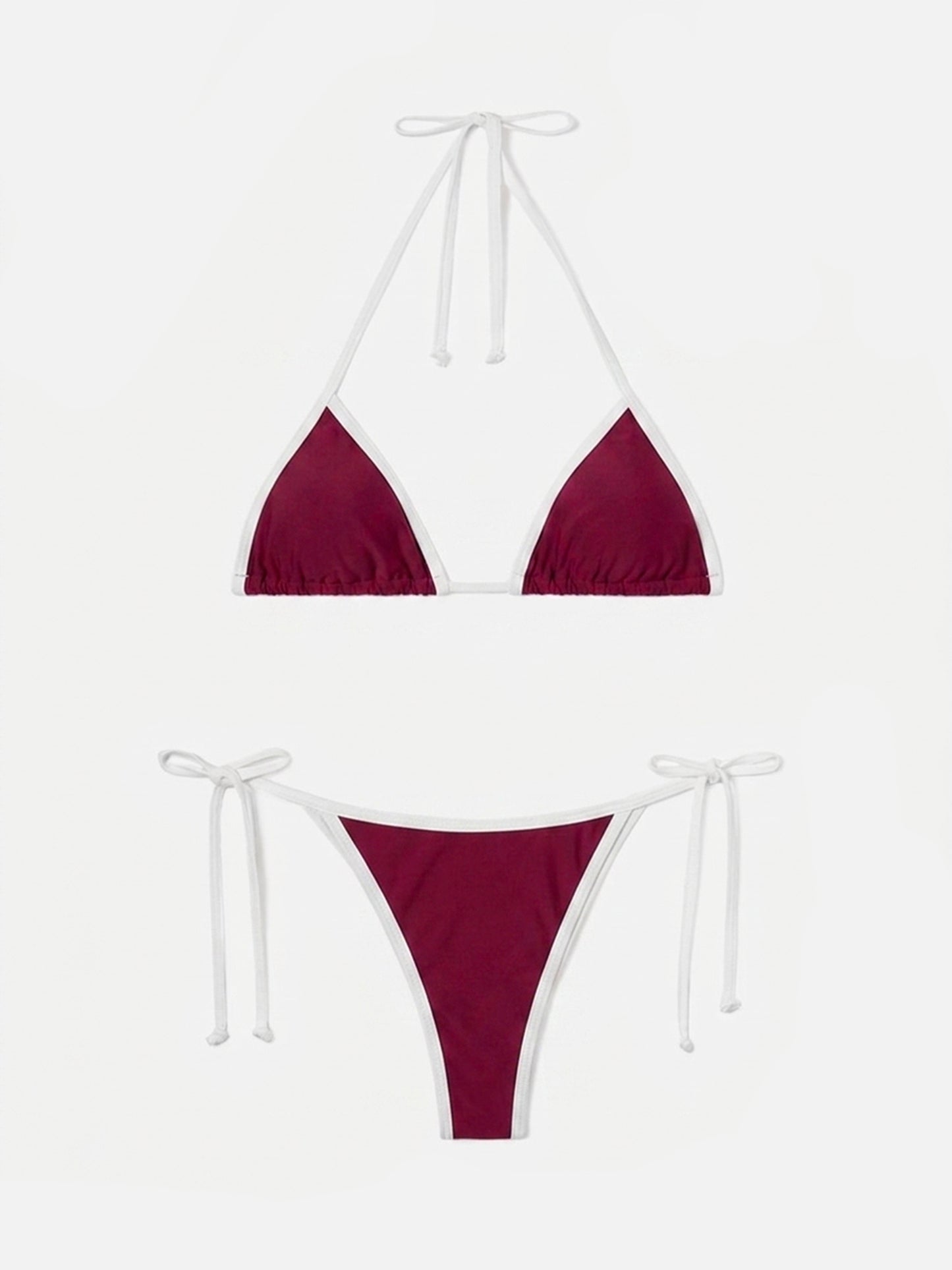 Leah Virgo String-Bikini in Burgunderrot mit weißen Kontrastbesätzen 