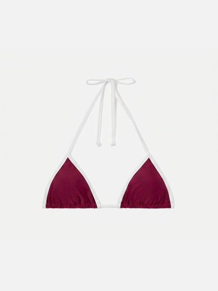 Leah String triangle bikini top in burgundy with white trims