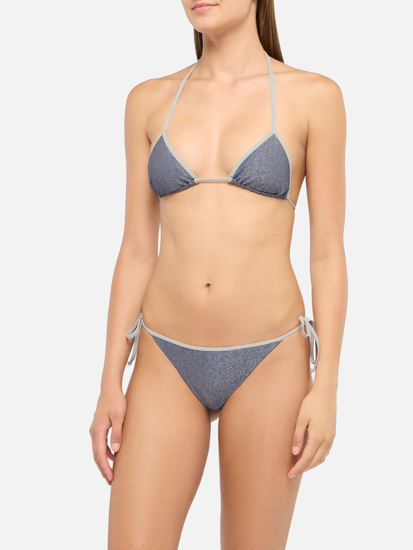 Leah Marielle klassischer Triangel-Bikini aus blauem Aviator-Lurex mit silbernen Verzierungen