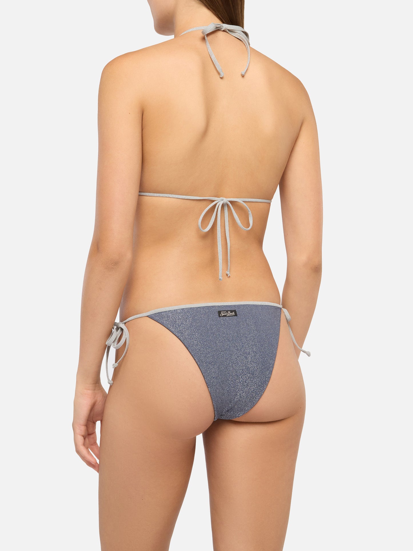 Leah Marielle klassischer Triangel-Bikini aus blauem Aviator-Lurex mit silbernen Verzierungen