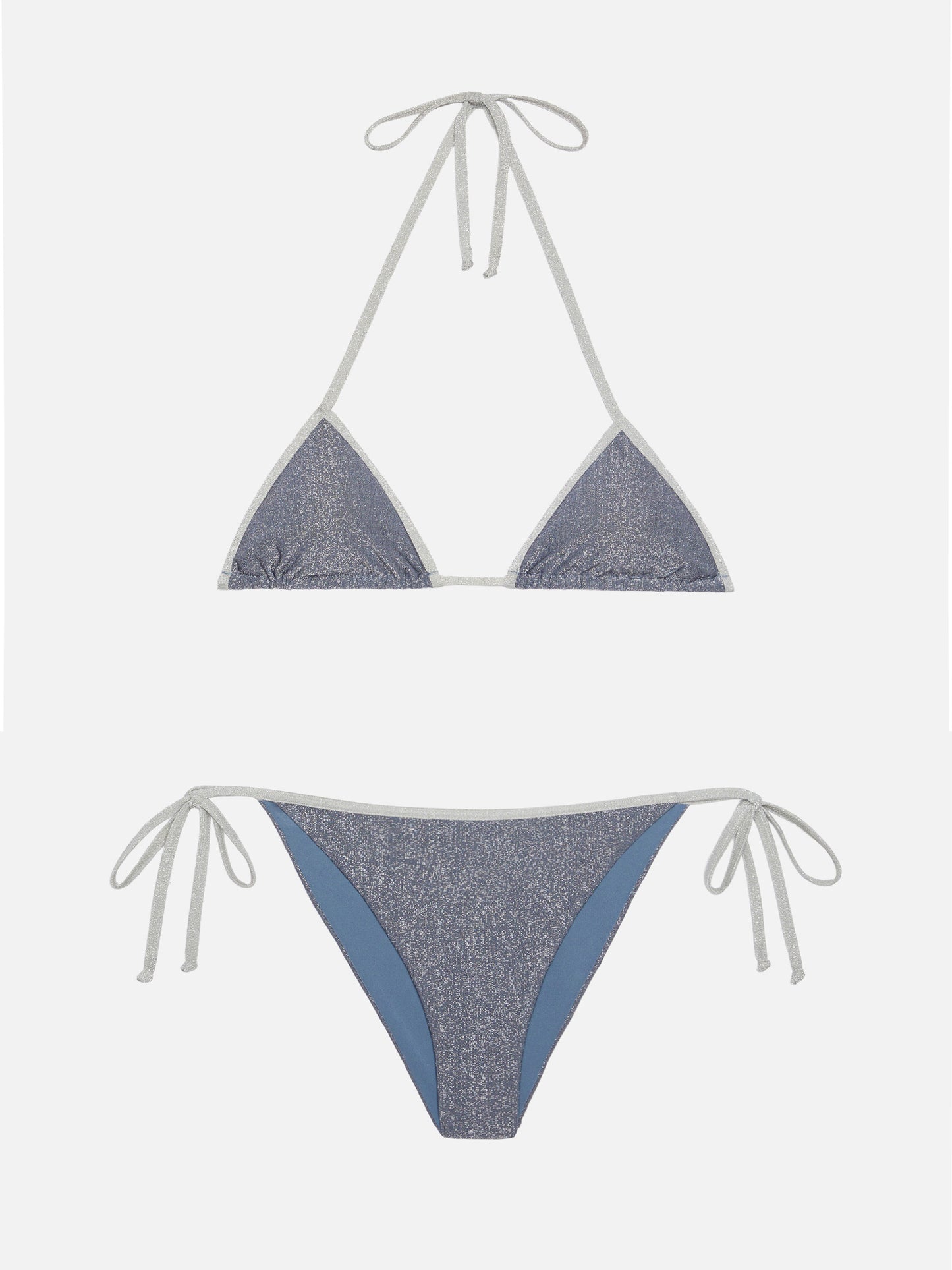Leah Marielle klassischer Triangel-Bikini aus blauem Aviator-Lurex mit silbernen Verzierungen
