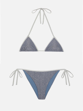 Leah Marielle klassischer Triangel-Bikini aus blauem Aviator-Lurex mit silbernen Verzierungen