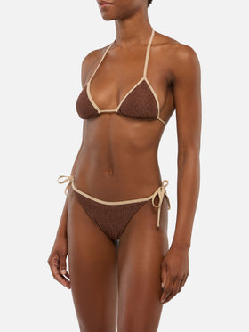 Bikini a triangolo Leah Marielle in lurex marrone con profilo oro