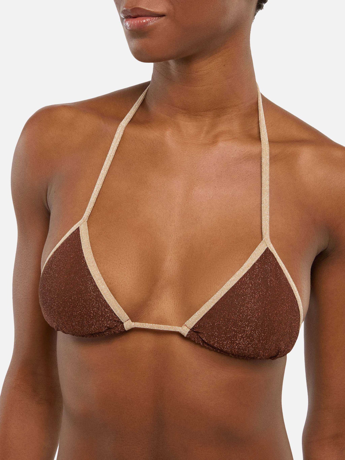 Bikini a triangolo Leah Marielle in lurex marrone con profilo oro