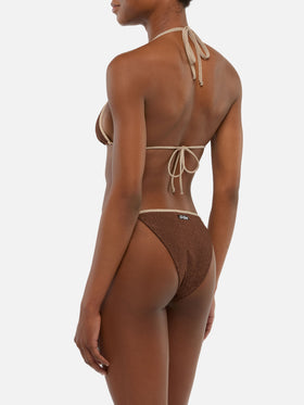 Bikini a triangolo Leah Marielle in lurex marrone con profilo oro