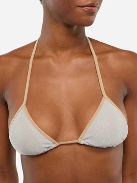 Klassischer Triangel-Bikini von Leah Marielle aus silbernem Lurex mit goldenem Besatz