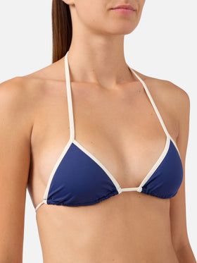 Top bikini Leah String triangolo blu con profili bianchi 