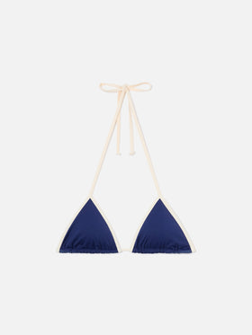 Top bikini Leah String triangolo blu con profili bianchi 