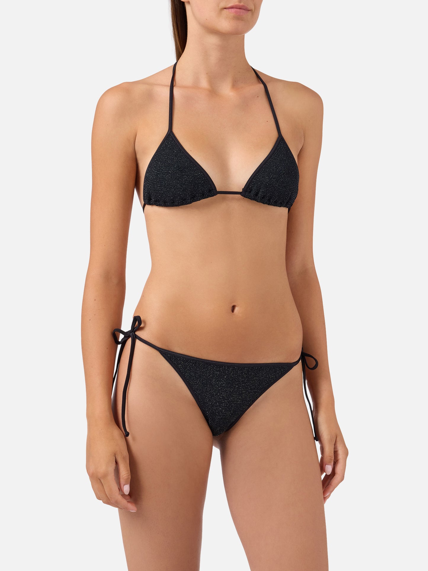 Bikini string Leah Marielle en tissu crinkle lurex noir 