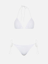 Woman white crinkle triangle bikini Leah Marielle