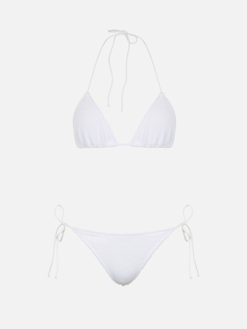 Woman white crinkle triangle bikini Leah Marielle