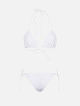 Woman white crinkle triangle bikini Leah Marielle