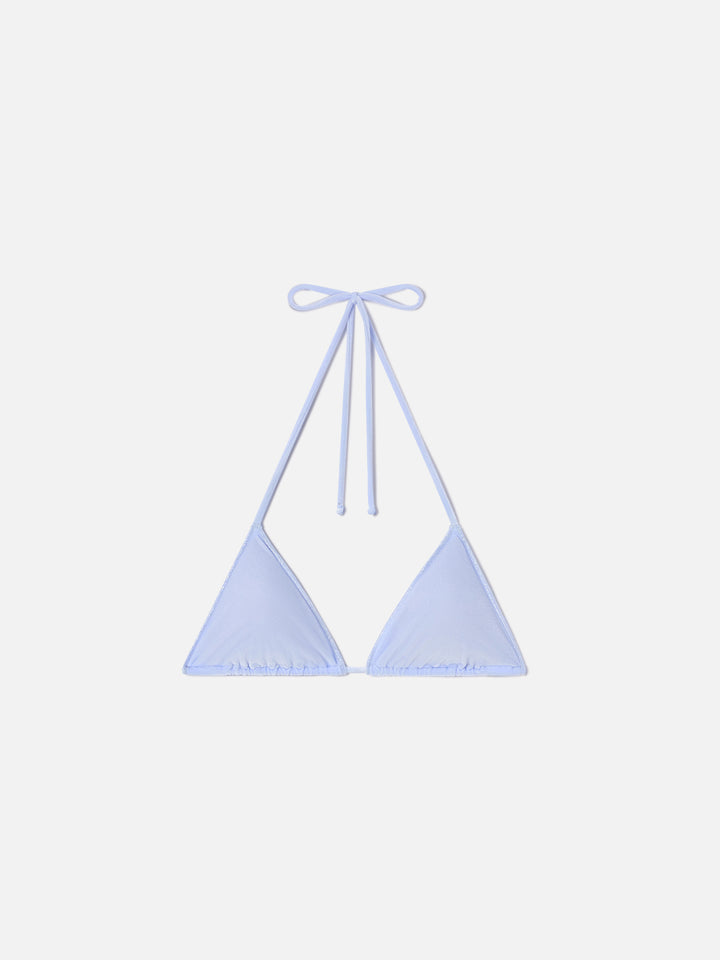 Leah Overlock triangle bikini top in light blue velvet