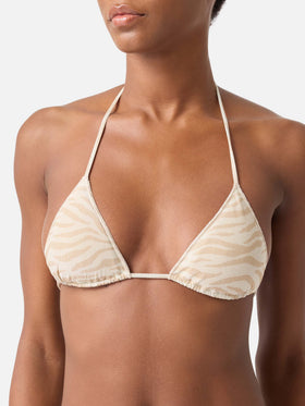 Top bikini Leah Overlock triangolo in lurex animalier