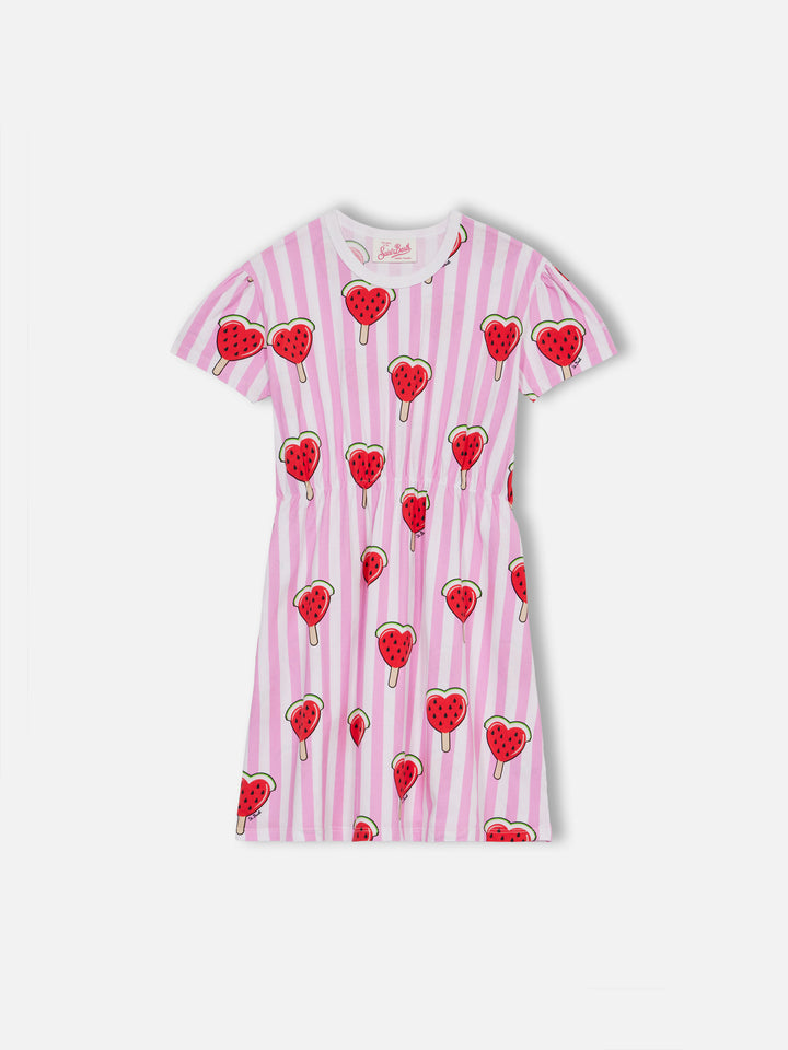 Girl cotton jersey dress Leila with heart watermelon print - MC2 Saint Barth