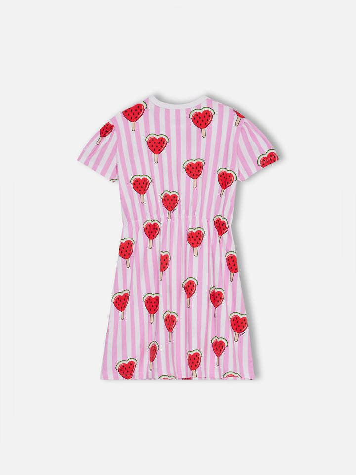 Girl cotton jersey dress Leila with heart watermelon print - MC2 Saint Barth