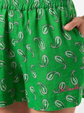Short en lin paisley vert Lierre 