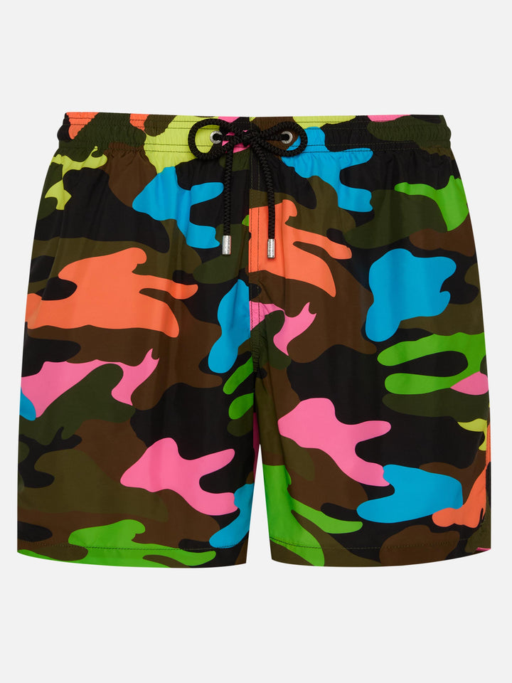 Costume da bagno da uomo in tessuto leggero con stampa camouflage fluo