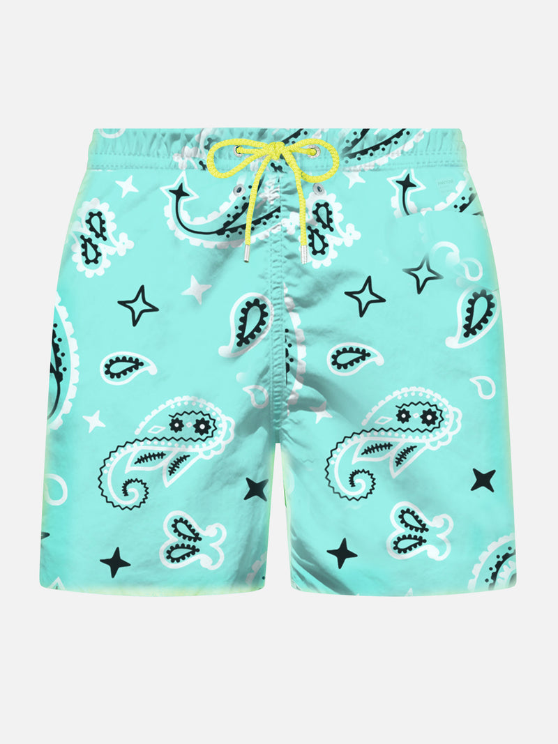 Man light fabric swim shorts with water green paisley print