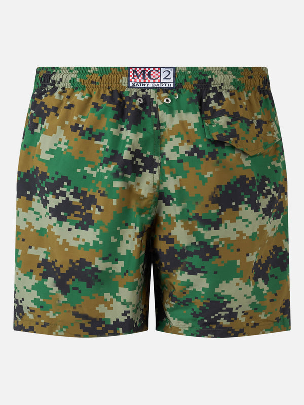 Man lightweight fabric swim-shorts Lighting with camouflage print