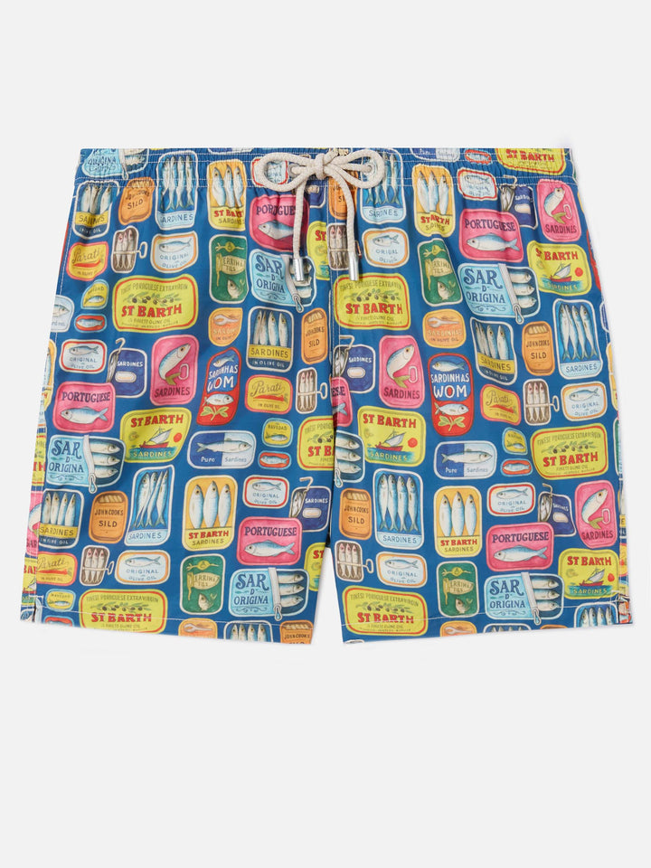 Blue Lighting swim shorts with all-over sardine tins print