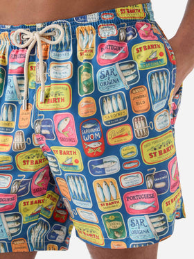 Costume mare Lighting blu con stampa lattine di sardine all-over